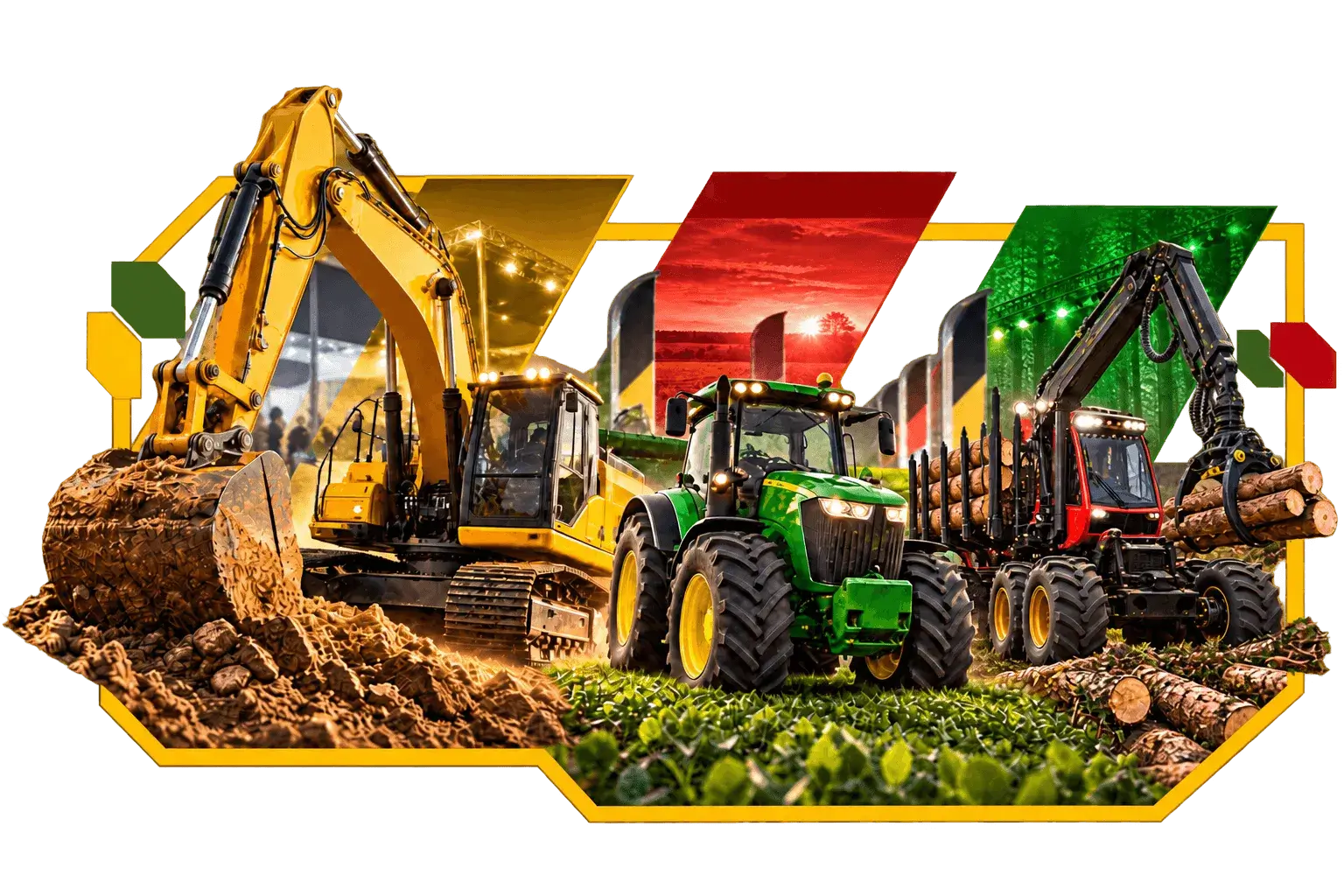 Máquinas dos setores agrícola, de construção e florestal reunidas em exposição