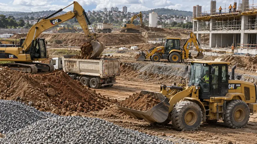 Máquinas de construção em operação em uma obra
